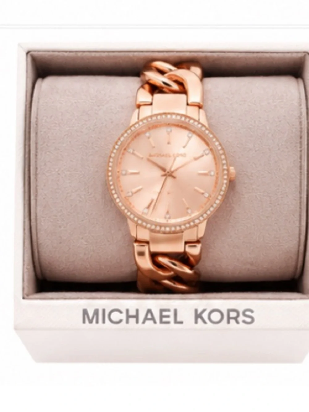 Michael Kors Rose Gold-Tone Crystal Bezel Chain-Link Watch
